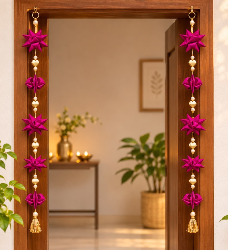 Handcrafted Pink Lotus Beaded Toran (Lotus Streamers)